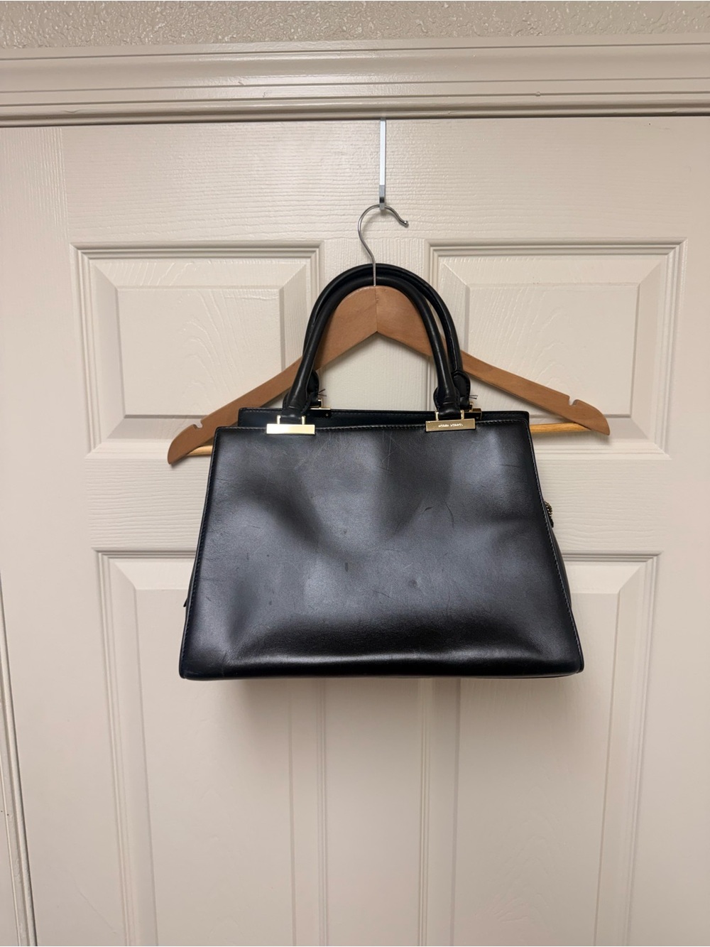 henri bendel Black Leather Satchel with Gold-Tone Accents